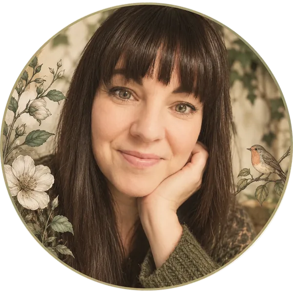 Michelle K.S. Bruun resting her chin on her hand, framed by drawn flowers and a robin