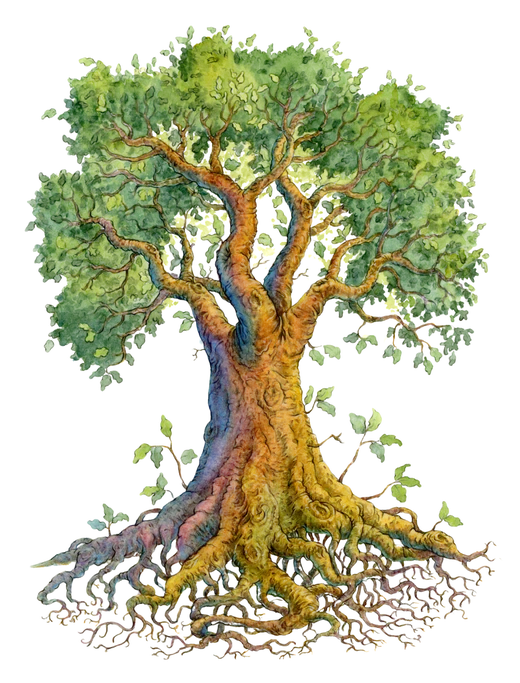 The original EchobelleGarden Life Tree, hand-painted in watercolour, with deep roots and a full crown